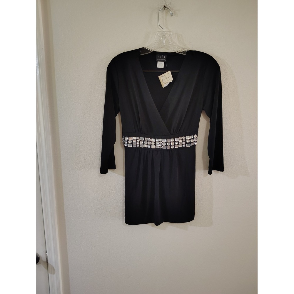 JKLA‎ California Womens Black Rhinestone Empire Waist V-Neck Tunic Dress NWT S
